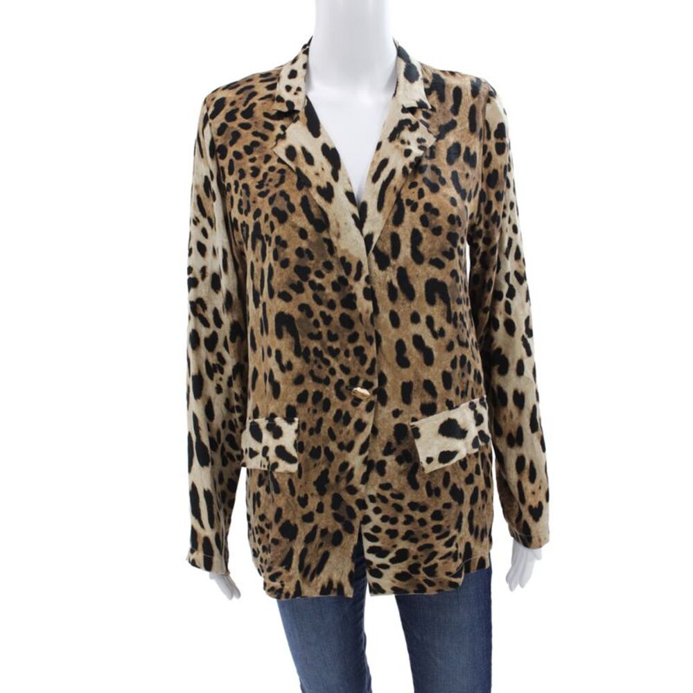 Muze Women Beige Animal Print Button Blazer Wool Blend Longsleeve Size S